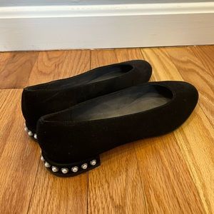 Stuart Weitzman Pearl-Heeled Black Suede Flats